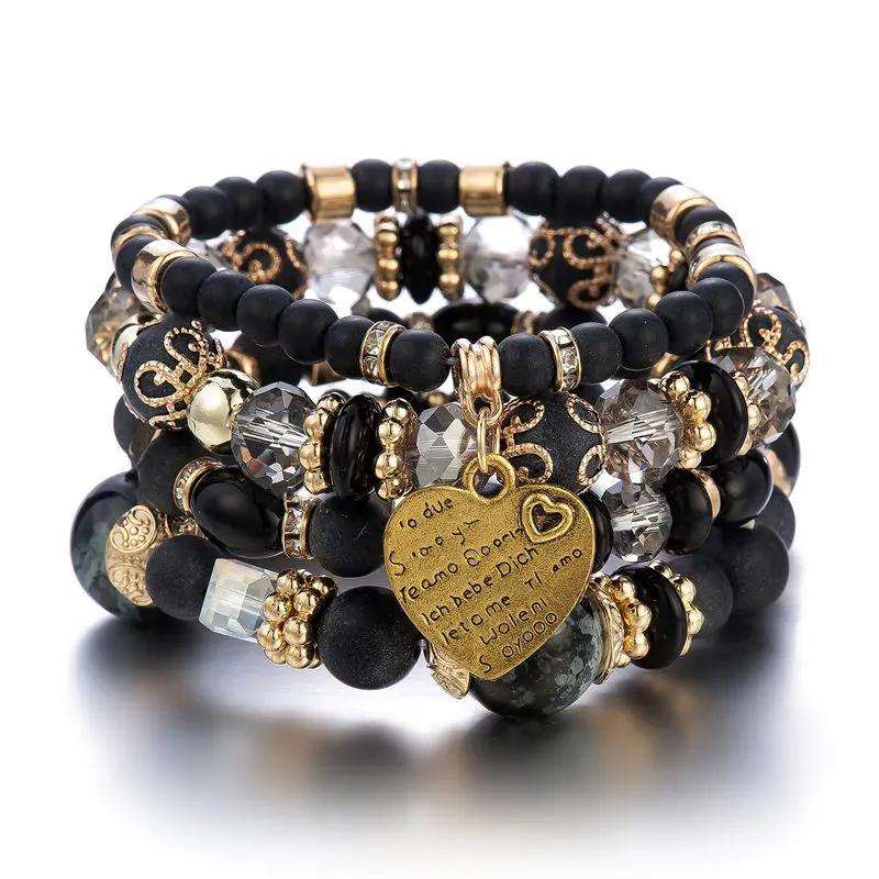 4Pcs Boho Crystal Beads Chain Bracelet Set For Women Vintage Heart Charm Elastic Bangle Men Fashion Party Jewelry
