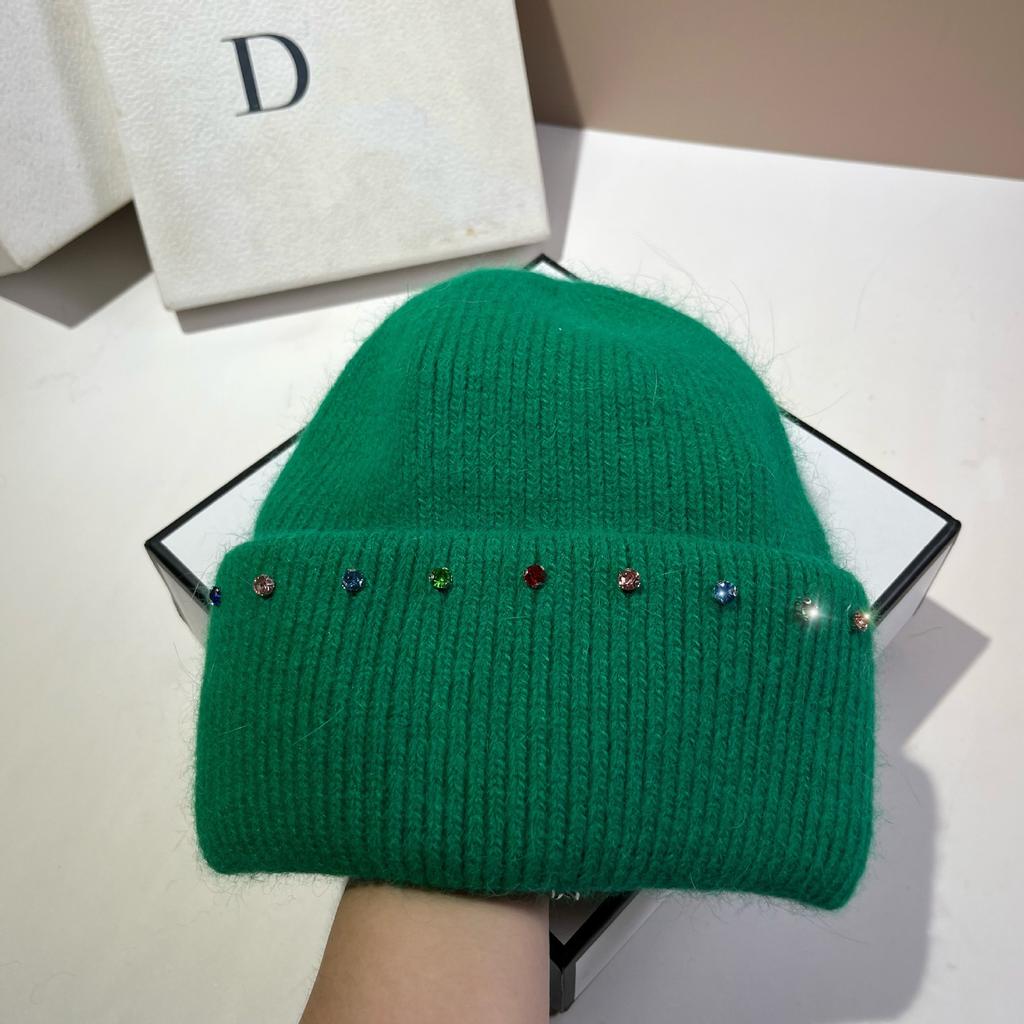 Russian Winter Warm Rabbit Hair Knitted Hat Celebrity Light Luxury Small Diamond Double Fold Wool Hat Women'S Outdoor Windproof