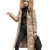 Giacca invernale da donna con cappuccio peloso, maniche lunghe, tasche, lunghezza al ginocchio, chiusura con cerniera e bottone, vita sottile, cappotto in cotone, lunghezza media, tinta unita, antivento, caldo