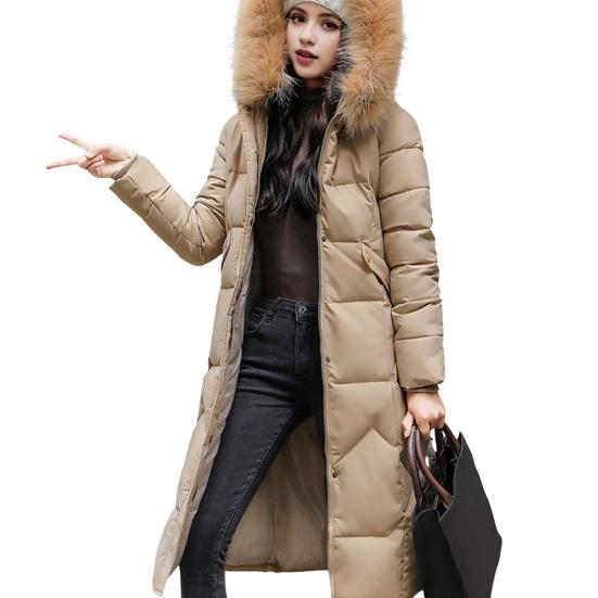 Giacca invernale da donna con cappuccio peloso, maniche lunghe, tasche, lunghezza al ginocchio, chiusura con cerniera e bottone, vita sottile, cappotto in cotone, lunghezza media, tinta unita, antivento, caldo