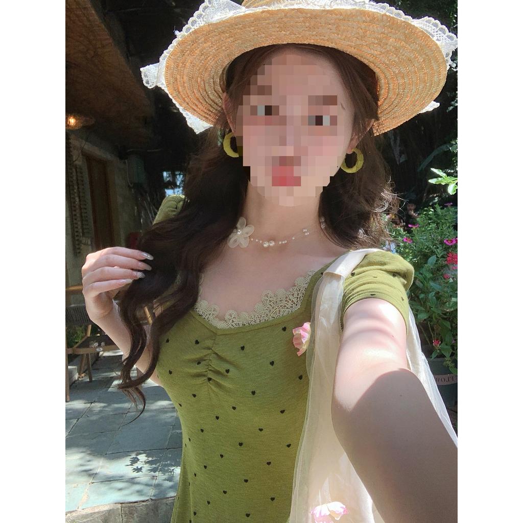 Green Polka Dot Square Neck Front Shoulder Short Sleeve Dress Women's 2026 Spring and Summer New Large Size Fat Mm Mori Retro Skirt