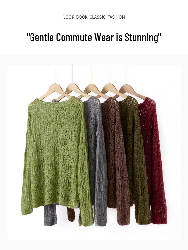 Korean Style Women's Cashmere Lyocell Round Neck Hollow Knit Sweater