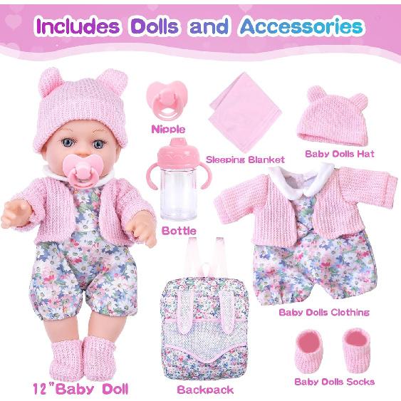 12 Inch Baby Doll Backpack Playset with Dolls Clothes and Accessories Included Backpack, Washcloth, Bottles, Nipple,Socks, Hats
