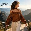 Breathable Women Shirts Summer Off-Shoulder Shirt, Long Sleeve Casual Halter Top, Shirt Solid Color Loose Satin Blouse for Daily Office