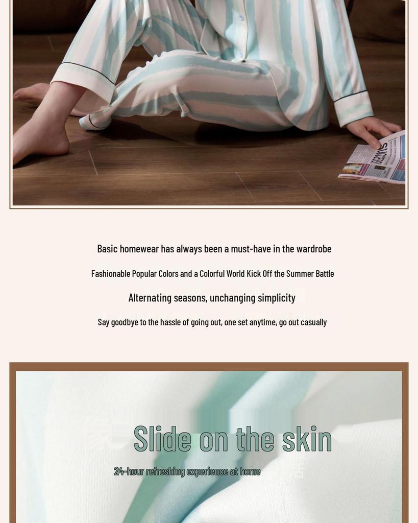 Ice Silk Cool Women’s Long Sleeve Pajama Set with Cute Stripes for Spring and Autumn