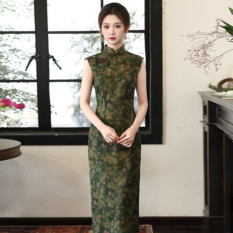 Green National Style New Chinese Sleeveless Suzhou Long Cheongsam Improved Young 1011 New Women's High Sense Summer