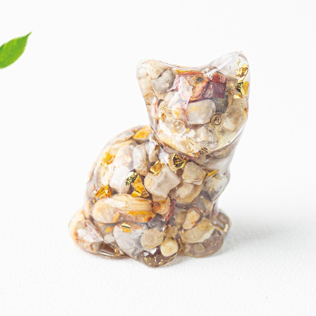 Natural Crystal Gravel Resin Sitting Turning Face Cat Figurine With Gold Foil Cute Desktop Decor For Home Office