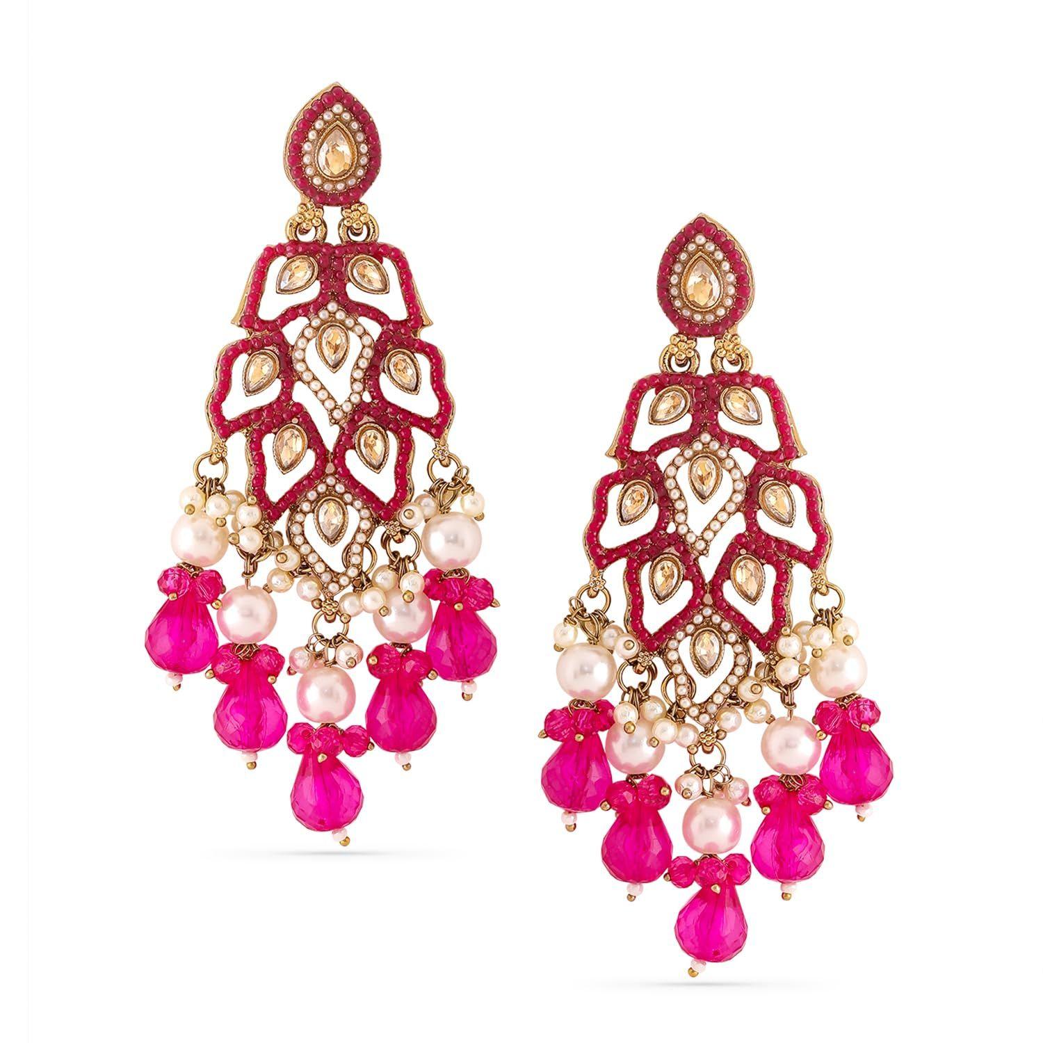 

Довгі сережки-підвіски люстри з Кунданом та перлами. Традиційні етнічні прикраси для жінок та дівчат.