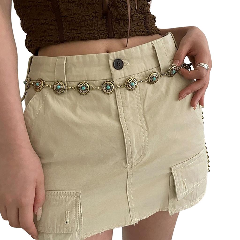 Bohemian Women Waist Belt Thin Ethnic Style Chain with Carved Turquoise Buckle Decorative Women Dress Metal Waist Belt