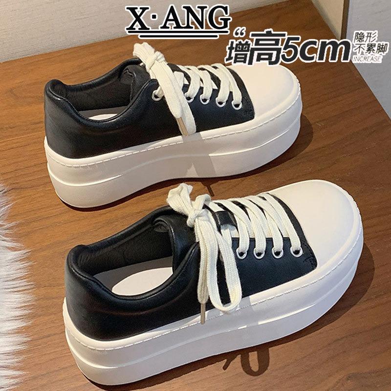 Small man thick-soled heightening women's shoes leather little white shoes spring new casual sports shoes board shoes bread shoes