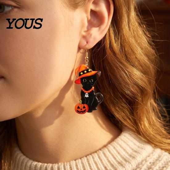 Eye Catching Seasonal Ear Jewelry 1 Pair Halloween Black Cat Acrylic Earrings for Women, Cute Unique Niche Holiday Gift Her with Wizard Hat