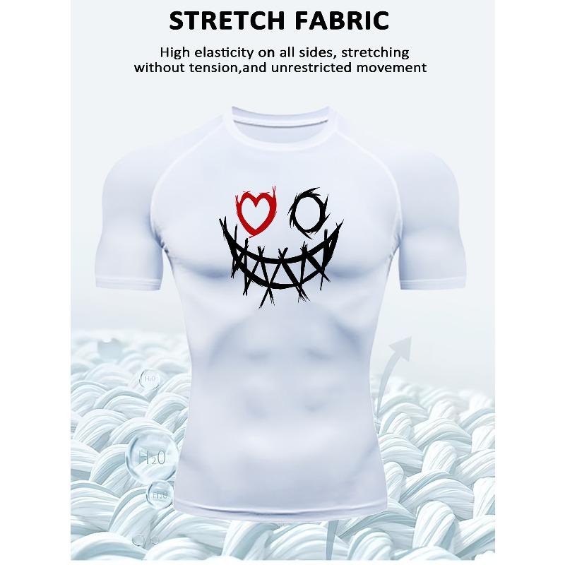 Men's White Evil Smile Print Compression T-Shirt, Quick Dry Breathable Workout Top