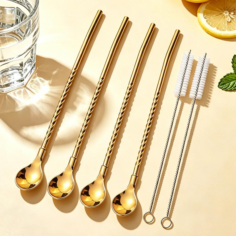 6Pcs Reusable Stainless Steel Spoon Straws, Long Handle Drinking Spoon Straws for Ice Cream Sundaes, Coffee, Cold Drink, Iced Tea