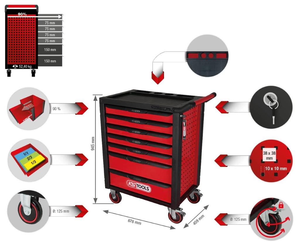 KS TOOLS RACINGline Tool Cabinet with 7 Drawers BLACK/RED 826.0007