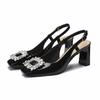 Beige Heeled Sandals Shallow Mouth Comfort Shoes for Women Square Toe 2025 Summer Mary Jane Black High Rhinestone Elastic Band