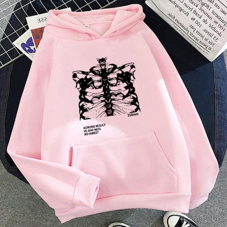 Gothic Grunge Skeleton Print Women Oversized Hoodie Streetwear Long Sleeve Pocket Tops Black Casual Pullover