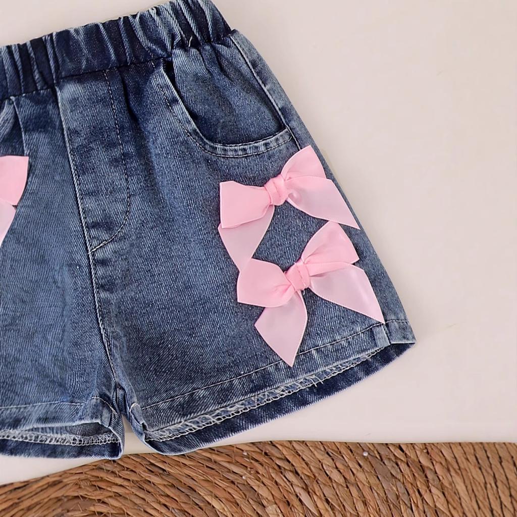 Girls' Suit: Summer Children's Bow Pink Short-sleeved T-shirt + Denim Shorts