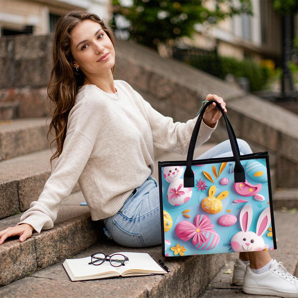 Cute Bunny Printed Tote Bag Portable Easter Gift Handbag Casual Daily Shoulder Bag
