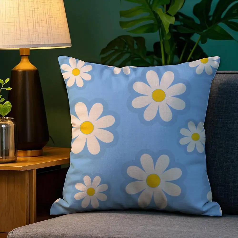 Romantic Daisy Print Spring Pillow Case Plush Fabric Soft Double Sided Print Home Sofa High Quality Cushion Cover Throw