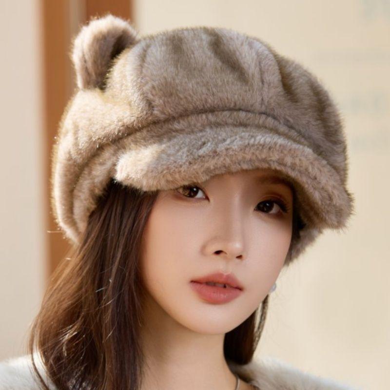 New Style Rabbit Fur Octagonal Hat Women's Fashionable Plush Hat Cat Ear Thermal Cap Wide-Circumference Head Wrap
