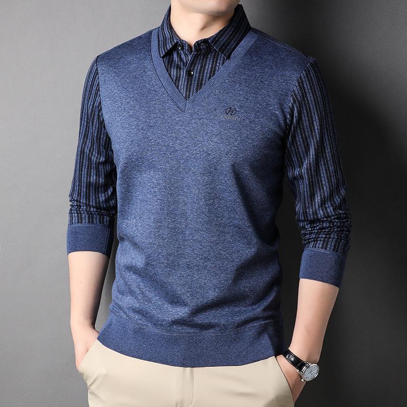 Primăvară și toamnă, guler de cămașă nou, tricou fals din două piese pentru bărbați, modă pentru tineri și vârste mijlocii, în stil coreean, cu bază în dungi