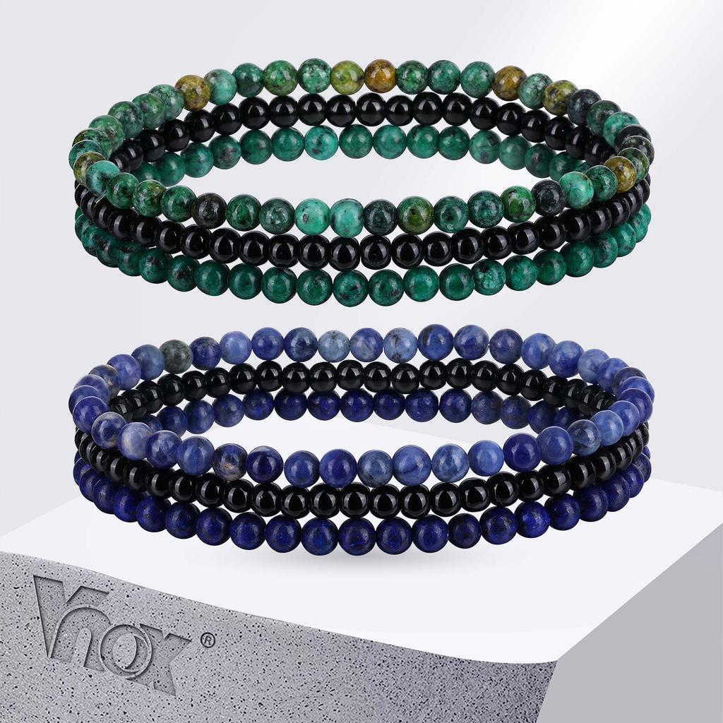 Vnox 3pcs Natural Stone Beaded Bracelets for Men Boys,  5mm Wide Beeds Elastic Stacked Bracelet Set, Trendy Jewelry Gift for Him