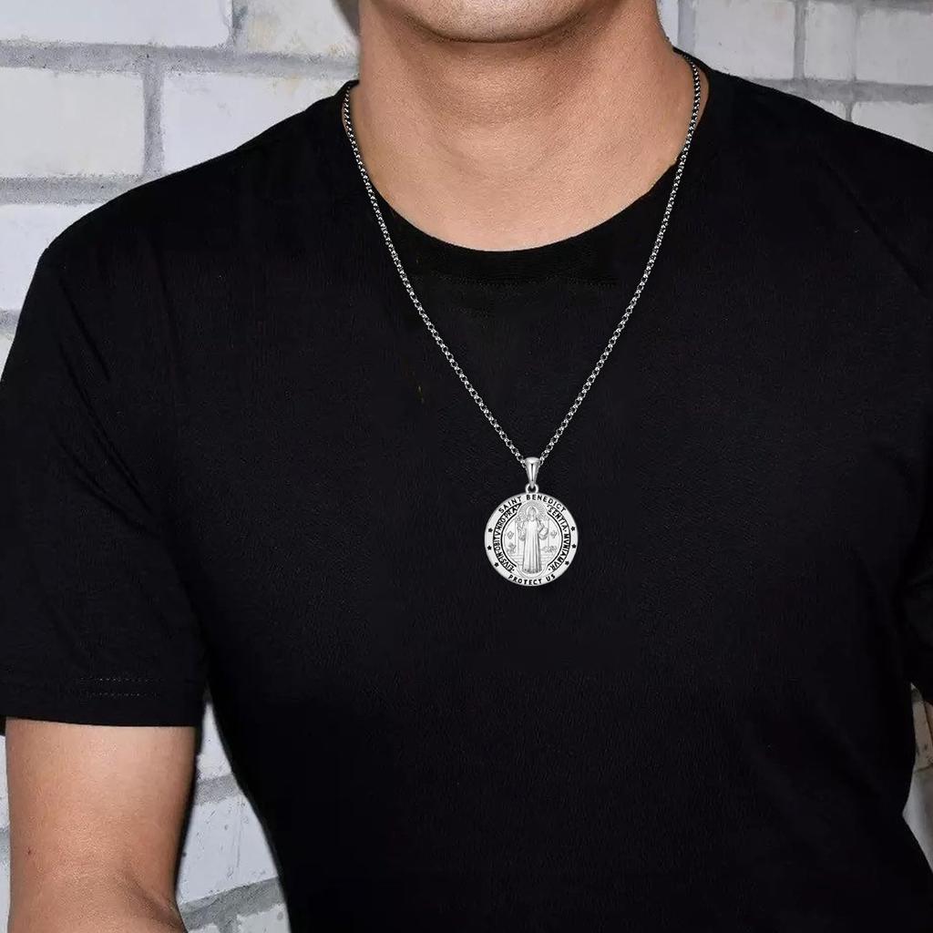 Necklace Benedict Reversible Silver Pendant Sterling Silver Medal Catholic Church Stainless Steel Chain Amulet Birthday Anniversary Present Gift