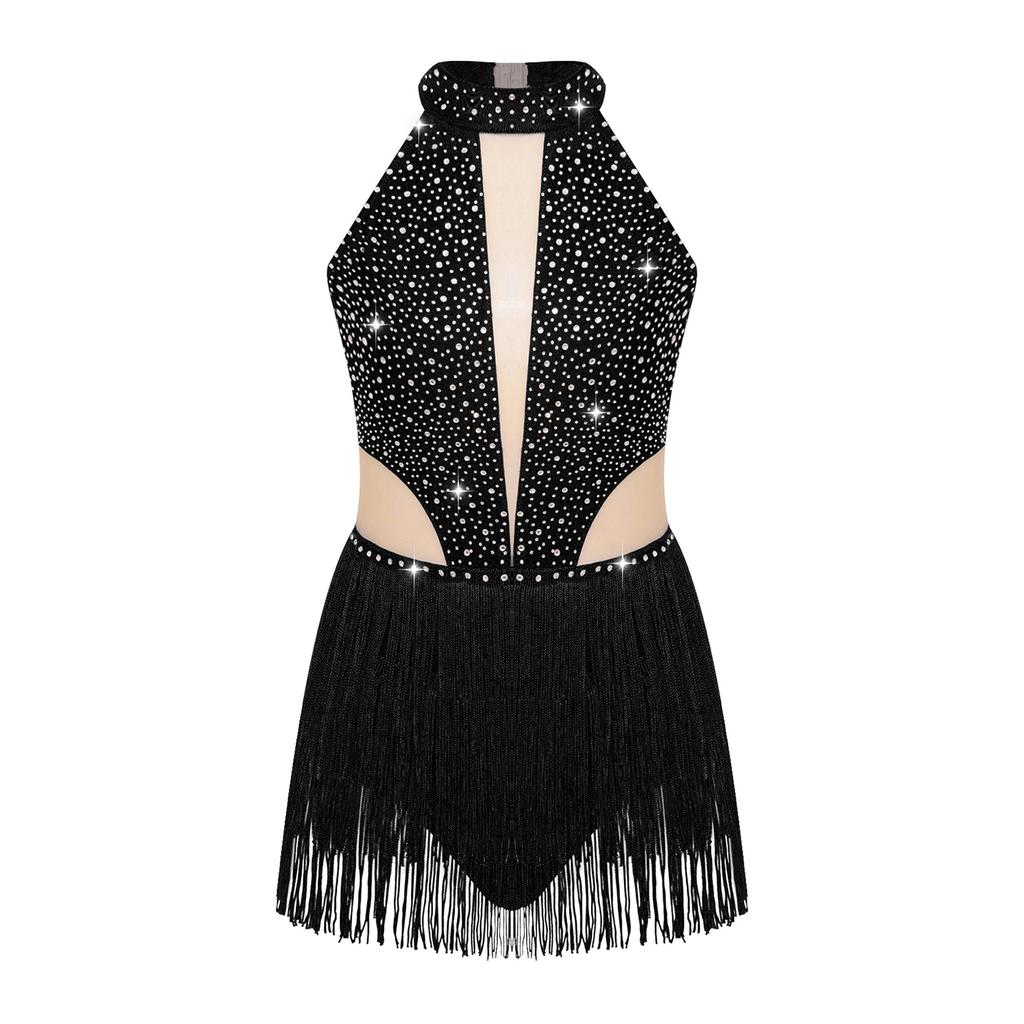 Girls Sparkly Performance Bodysuit Sleeveless Backless Style Rhinestone Fringe Detail Latin Dance