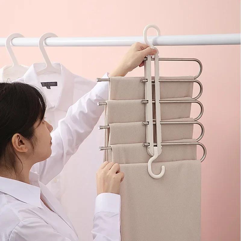 5 In 1 Magic Trouser Rack Hangers Telescopic Stainless Steel Folding Pant Rack Tie Hanger Shelves Bedroom Closet Organizer
