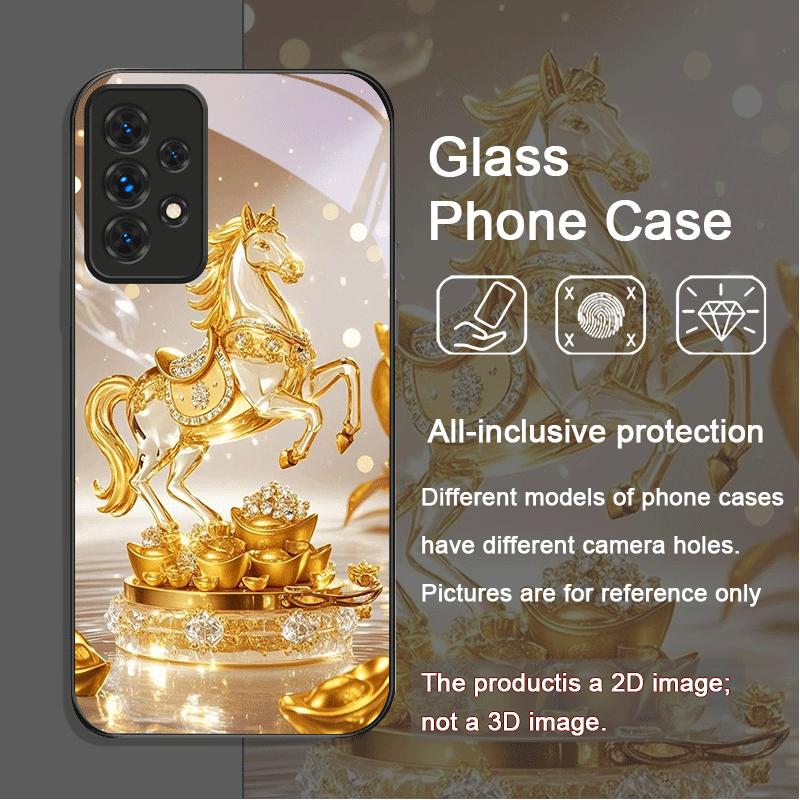 

Luxury Crystal Golden Horse Pattern Tempered Glass Phone Case for Samsung Galaxy A56 A72 A55 A54 A53 A52 A36 A15 A14 A13 Covers Galaxy A55 5G