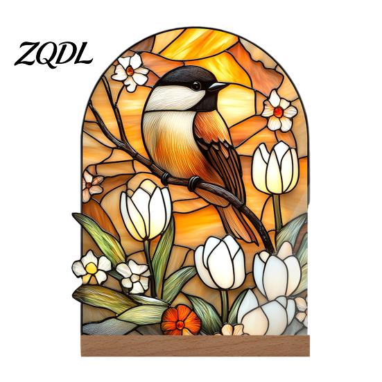 Artistic Tabletop Accents Stained Glass Style Acrylic Table Centerpieces, Floral & Landscape Pattern Exquisite Room Decor Sign with Wood Base for Home
