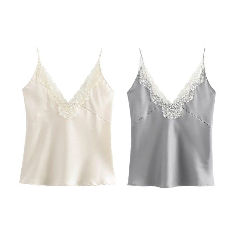 Fashion Style 2024 New Fall Women's Clothing Easy Matching Sling Lace Decorative Silk Satin Texture Tops 1067261