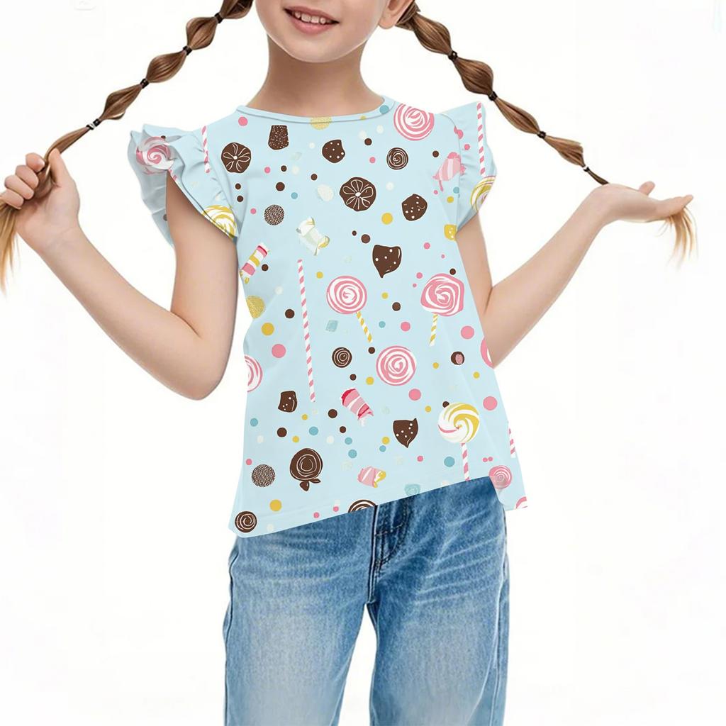 Children's Casual Short-Sleeved Pleated Cute Printed Round-Neck Solid-Color Top