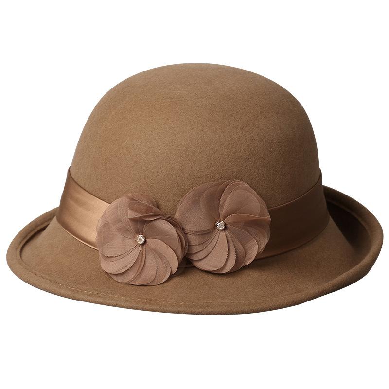 French wool felt hat women's autumn and winter British retro fashion versatile foreign style Hepburn style flower warm top hat