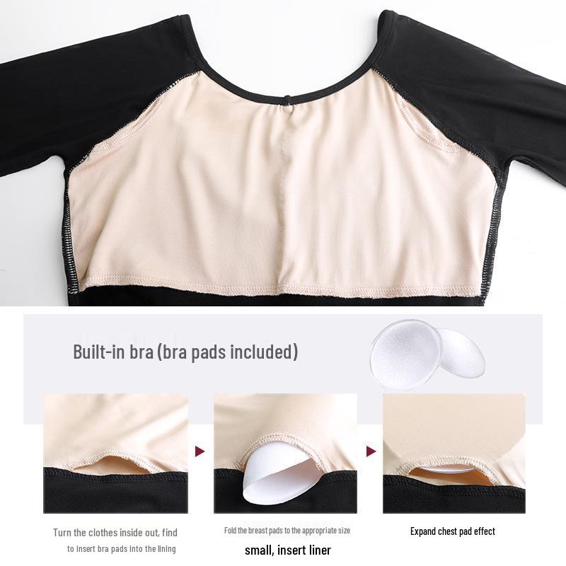 Women's Black Three-Quarter Sleeve Ballet Leotard for Dance Practice and Exams