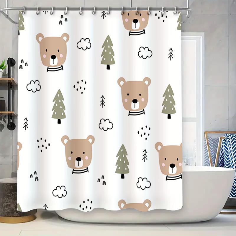 

Adorable Bear Pine Tree Shower Curtain Set For Kids Bathroom Decor White Color 180X240Cm W60H190(CM)-1 Pcs