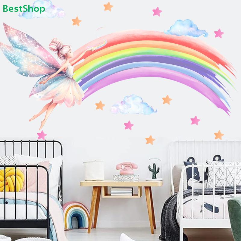 Fairy & Rainbow Wall Stickers - Colorful Kids Room Decor Decals, Removable Watercolor Style Wall Art