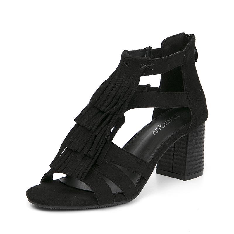 2025 Women's Chunky Heel Tassel Ankle Boots Peep Toe, Back Zipper, Roman Style Sandals