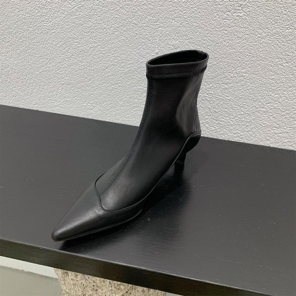 French pointed short boots women's spring and autumn low-heeled fashion soft leather versatile velvet display and bare boots
