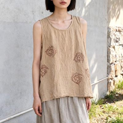 Women Tops Summer Chinese Style Print Floral Sleeveless O-Neck Khaki Female Loose Tops