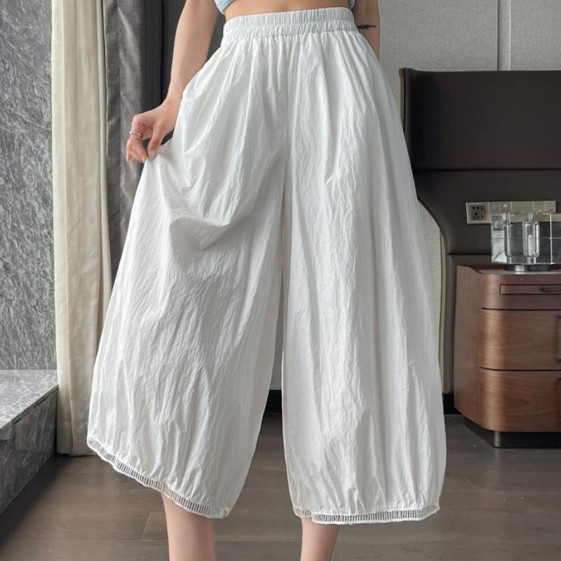 Women's Summer White Casual Lantern Wide-Leg Pants | Wutong-Style 9/10 Length Trousers