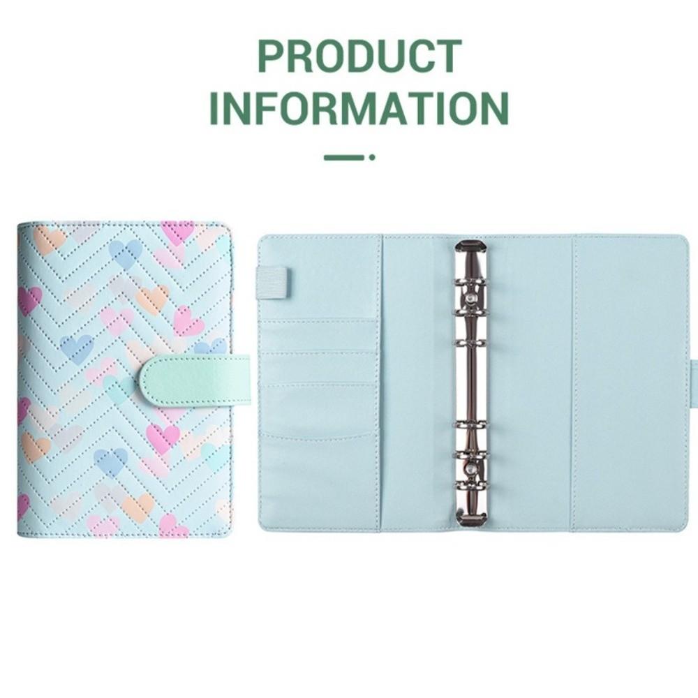 A6 Size PU Leather Binder Heart Ring Mechanism 6 Ring Notebook Cover Loose-Leaf Design Sturdy Cover Cash Envelope Holder Student