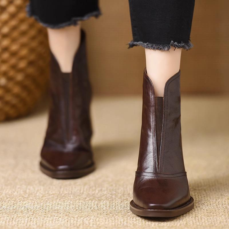 Large Size Rear Zipper High Heel Fashion Boots Women's Autumn New Thick Heel Retro Square Head Thin Short Boots