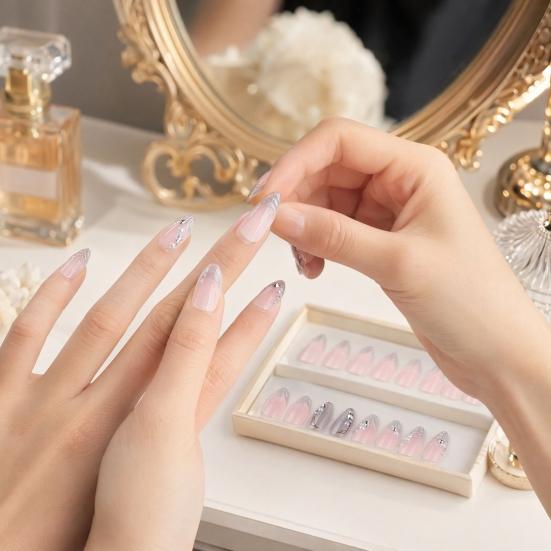 24 Pcs Water Ripple Press On Nails for Faux Pearl Almond Stick-On Fake Nails