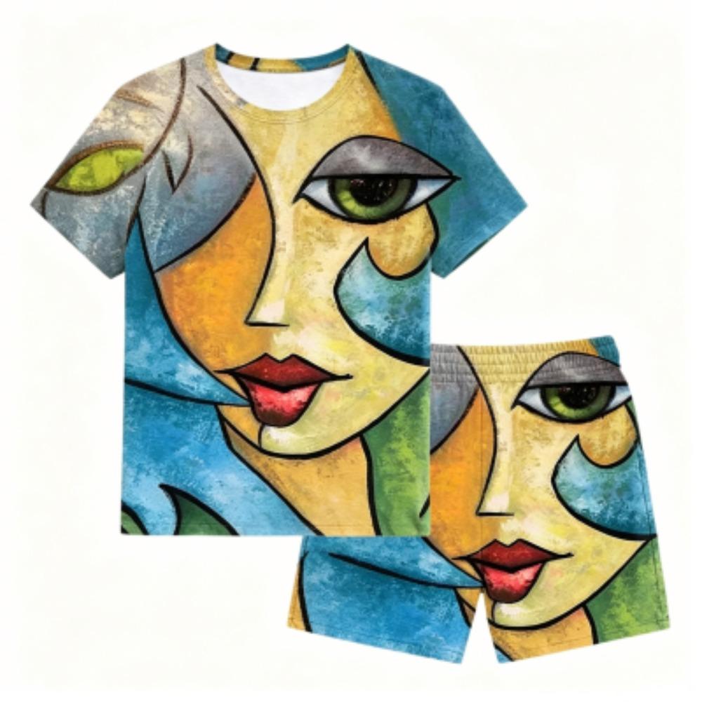 Kids 3D Abstract Face Printed 11 Colors Outdoor Street Kids T-shirt and Shorts 2 Piece Set Summer Home Casual Outfit Boy and Girl s Sports Set 100