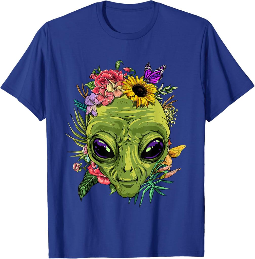 Alien mit Blumen Grafik-T-Shirt Herren Lässig Sommerausflug Rundhals-T-Shirt