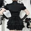 GlowGirl Goth Dark Kawaii Black Short Sleeve Buttons Shirt Lace-up Blouses Mall Gothic Slim Lapel Collar Stripe Shirts Women Alt Techwear
