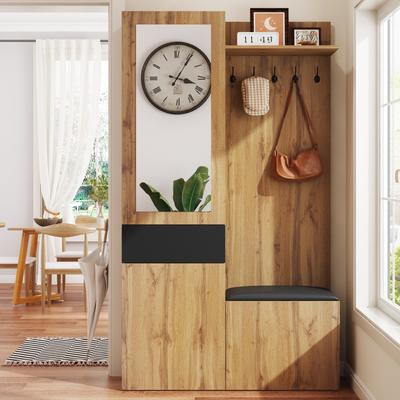 Hallway Coat Rack Set with 5 Coat Hooks, Mirror, Shoe Cabinet, Built-in Cabinet with Upper Shelves, Drawers, Upper Compartments, Hallway Bench.