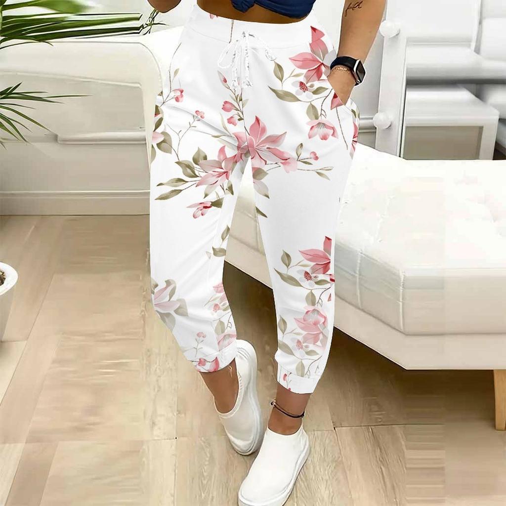 Yazlık Kadın Çiçek Baskılı Eşofman Altı Bol Kesim Büzgülü Jogger Pantolon Elastik Manşetli Günlük Rahat Pantolon