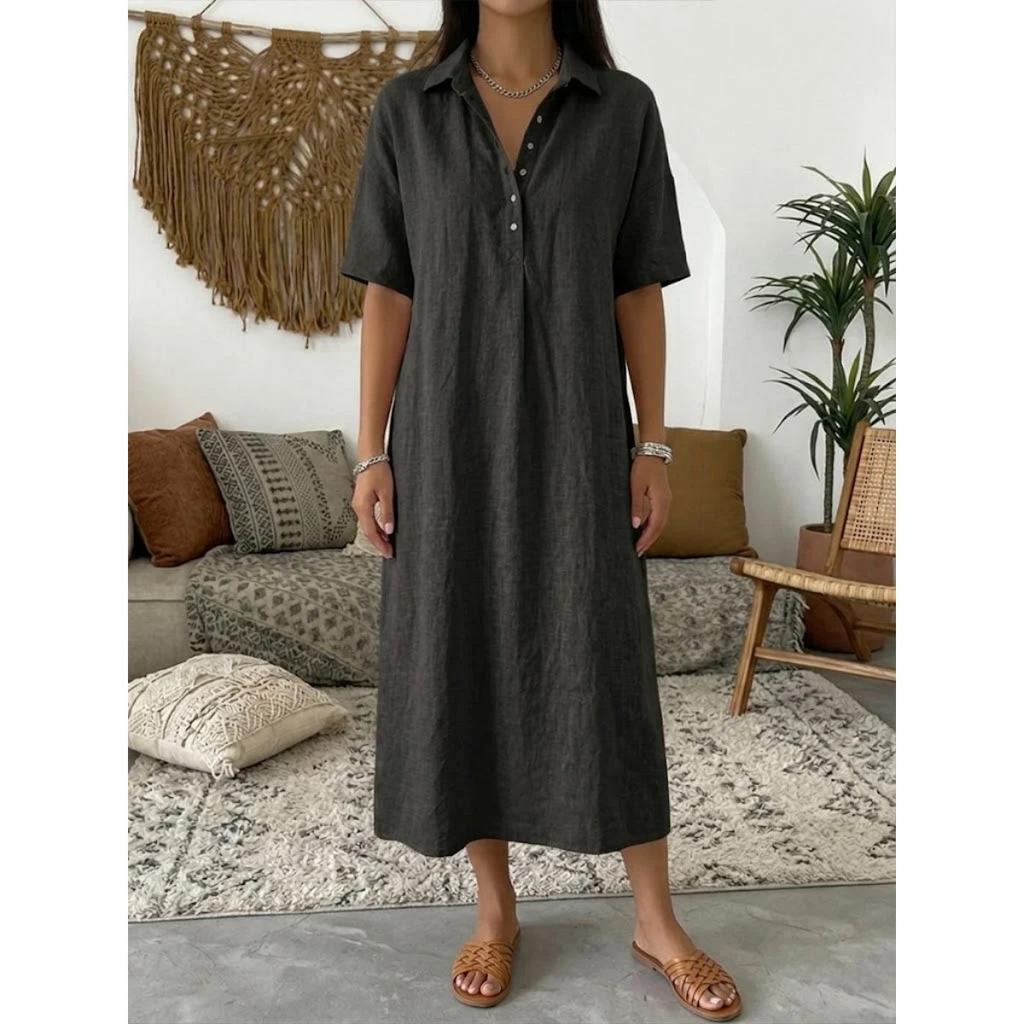 Spring Summer Linen Short Sleeve Polo Collar Straight Casual Dress, Comfortable Loose Dress for Women, Leisure